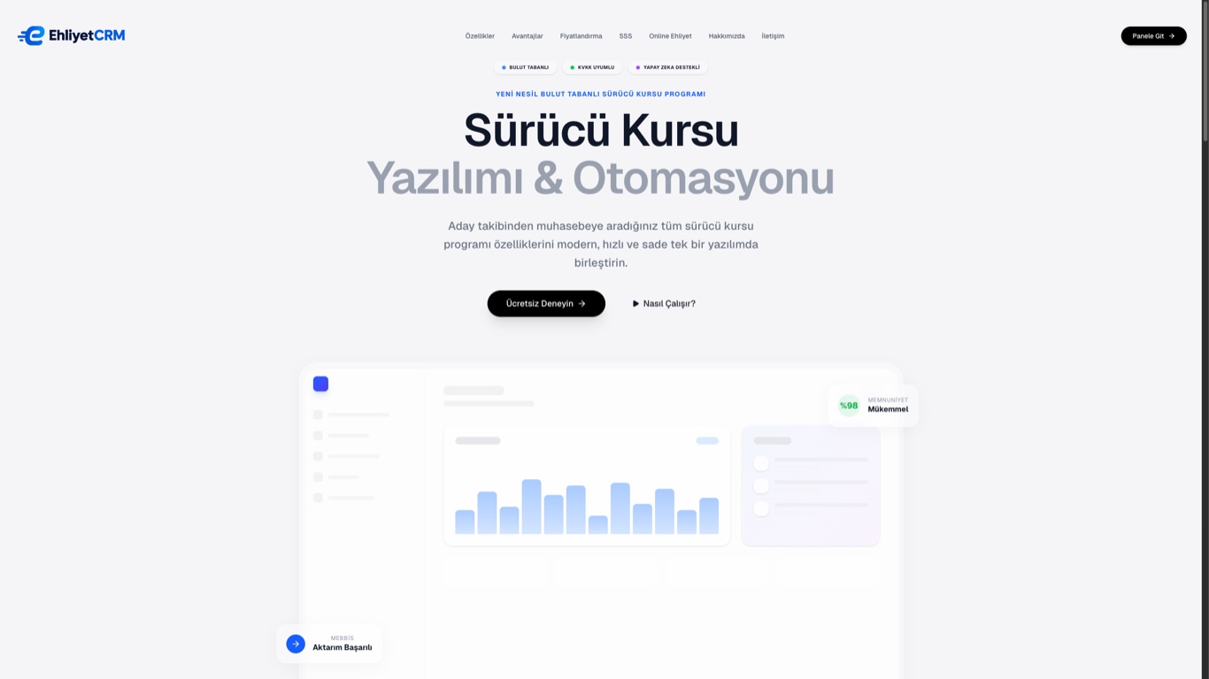 EhliyetCRM sürücü kursu yönetim yazılımı arayüzü